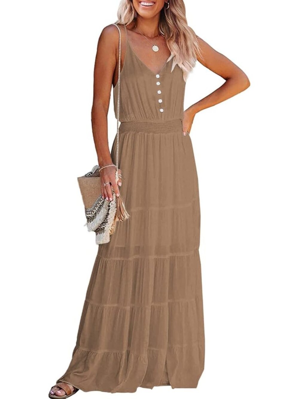 〽️Women's Dark Apricot Spaghetti Strap V Neck Flowy Maxi Dress Summer Sundress